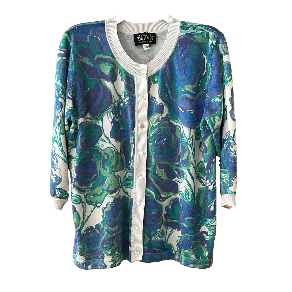 Bob Mackie Cardigan Large Blue Floral Wearable Art 3/4 Sleeve